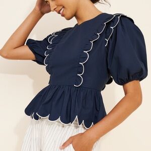 English Factory Contrast Scallop Edge Top Navy